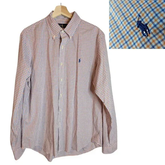 Ralph Lauren Shirt Mens Large Orange Blue Plaid Oxford Pony Preppy Long Sleeve - Picture 1 of 6